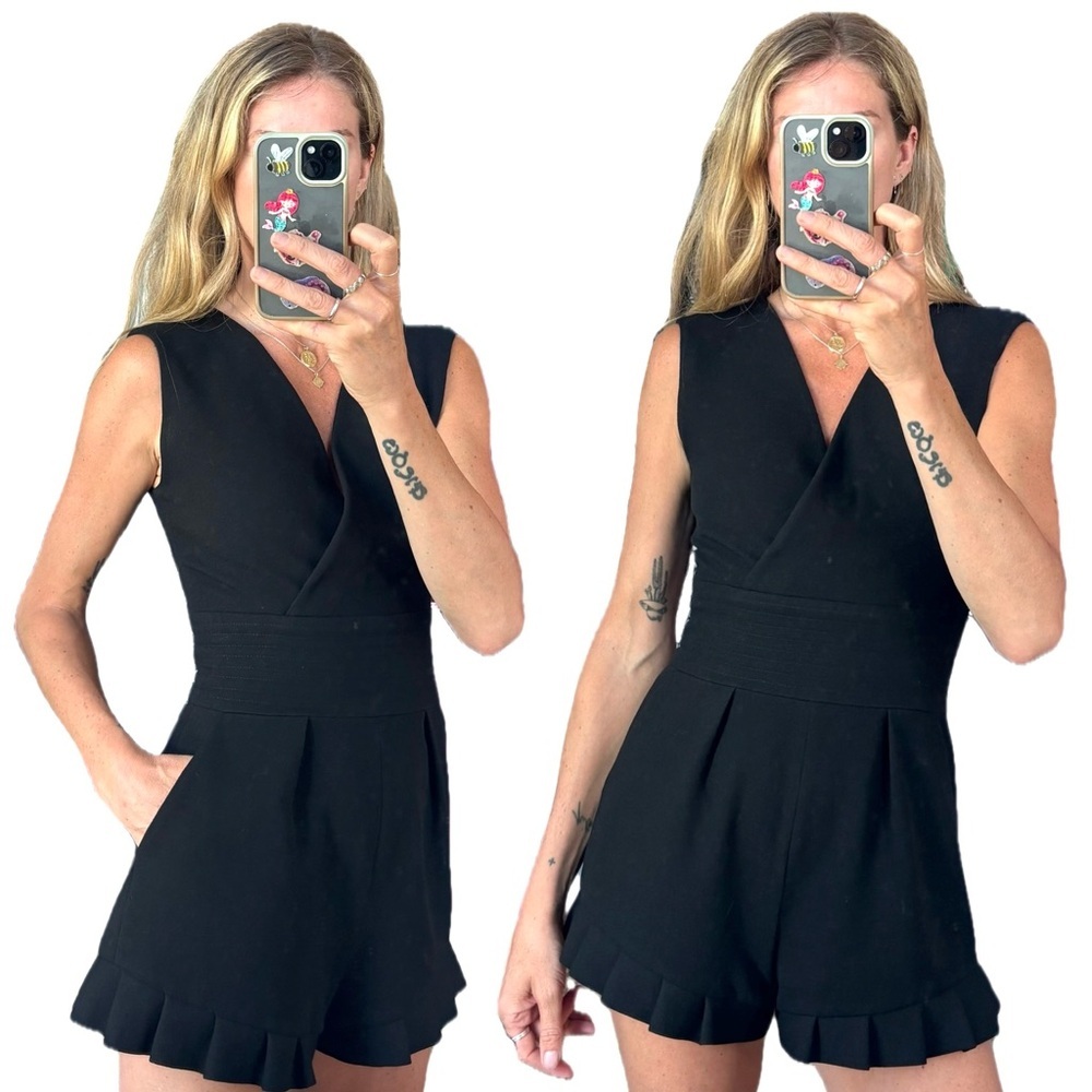 Maje Black Sleeveless V Neck Pleated Ruffle Romper Playsuit with Pockets